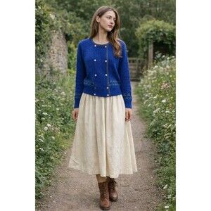 VTG CARROLL REED TULIP EMBROIDERED BLUE WOOL CARDIGAN  DOUBLE BREASTED SZ M